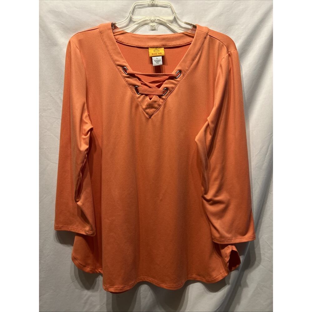 Ruby Rd Size Large Soft Orange 3/4 Sleeve Pullover Laced V Neck Cruise Resort